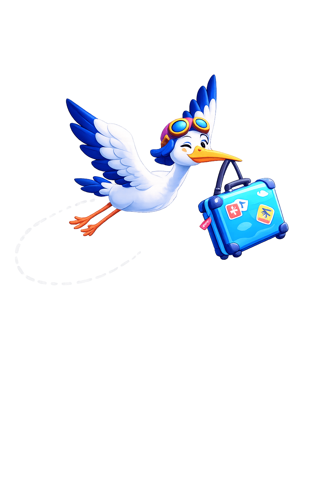 Fareglitch stork mascot flying through the sky